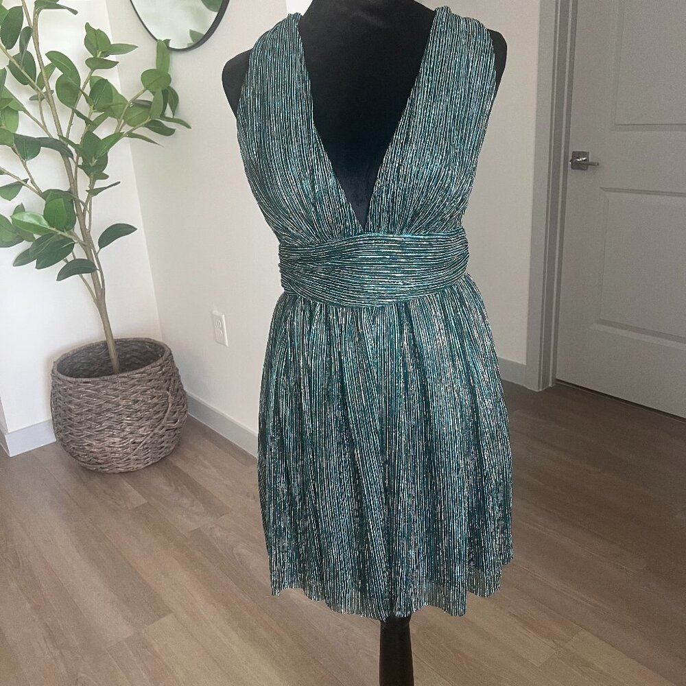 Lulus Ailey Metallic Stripe Twist Back Cocktail Dress Teal & Gold Party Sz Small